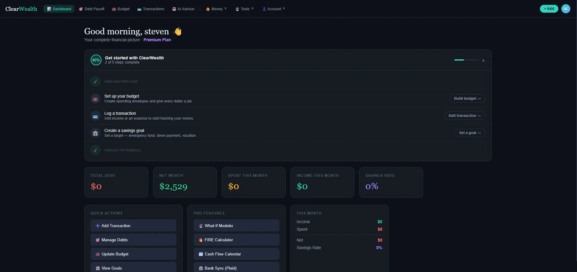 ClearWealth app dashboard